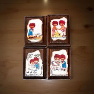 4 Vintage Raggedy Ann & Andy Wood Block Wall Hangings 2”x4” Decoupage B12